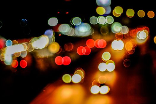 Bokeh city lights background. Bokeh of cityscape skyline during evening dark blue sunset, dusk twilight