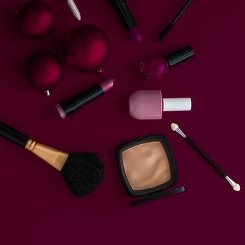 Cosmetic branding, fashion blog cover and girly glamour concept - Make-up and cosmetics product set for beauty brand Christmas sale promotion, luxury burgundy flatlay background as holiday design