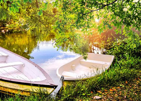 Rowing boat on lake on a calm lake. vacation  concept background