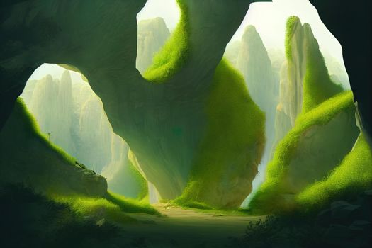 3D Illustration of landscape where one observes from inside a cave a great rock formation with vegetation in a dense and mysterious atmosphere