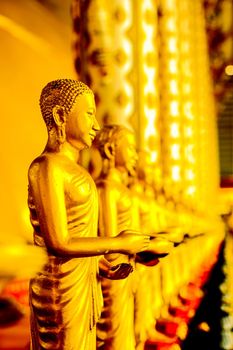 Close up Row of Golden buddha statue, asia temple culture religion.