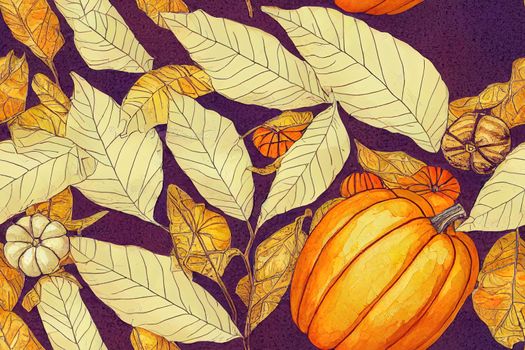 Seamless pattern hand drawn by watercolor. Isolated on beige background. Autumn nature, dried plants, leaves, pumpkins. Botanical illustration for Thanksgiving, Halloween