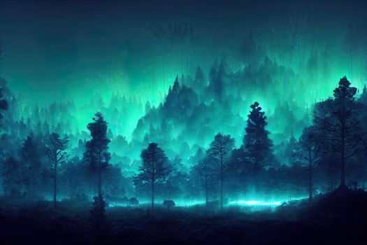 Dark fairytale fantasy forest. Night forest landscape with magical glows. Abstract forest, magic, fantasy, night, lights, neon. 3D illustration.