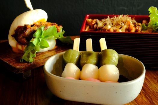 Color Dango in ceramic bowl Japanese dumping good tesr food travel cuisine