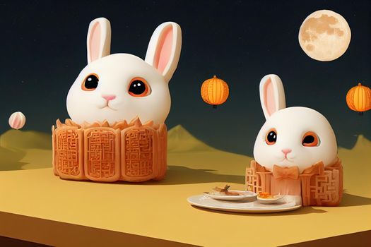 3d illustration of cute rabbits sitting on baked mooncake to watch beautiful night scenery with Chinese palace aside. Translation Happy mid autumn festival.