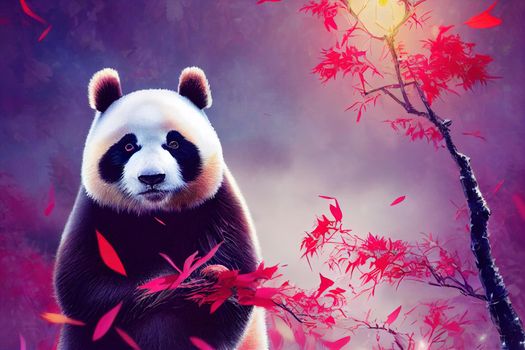 A fantasy Japanese panda dressed as a cardinal in a magical enchanted place. Artistic abstract beautiful animal. Perfect for phone wallpaper or for posters. 3D Rendering. 3D Illustration