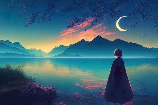 beautiful fantasy anime girl near the lake at the evening digital art 3d illustration