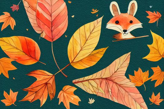 Watercolor cute card, illustration, in a square frame of autumn leaves, friends funny characters fox and rabbit, rabbit, hare in scarves, together, cozy autumn, back view, autumn vibes, autumn forest.