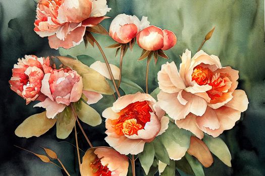 Copper Rust Watercolor Floral Bouquet Fall Autumn Peonies Roses Garden Flowers Arrangement