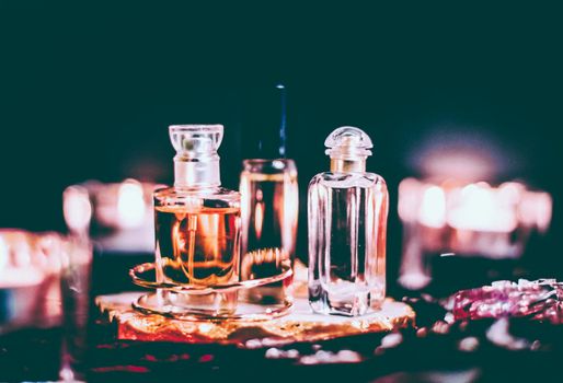 Perfumery, cosmetic branding and spa concept - Perfume bottles and vintage fragrance at night, aroma scent, fragrant cosmetics and eau de toilette as luxury beauty brand, holiday fashion parfum design