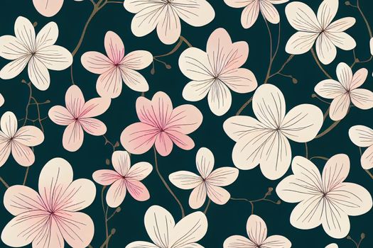 Blossom floral seamless pattern. Vintage background. Wallpaper. Blooming realistic isolated flowers. Hand drawn. illustration.