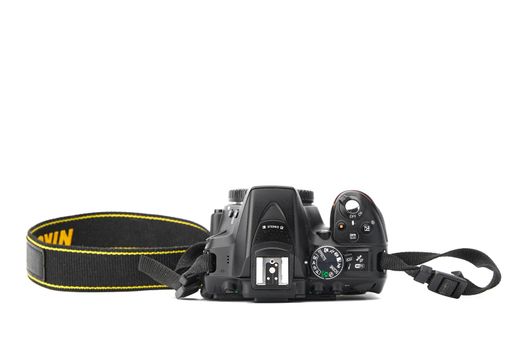 Nikon DSLR Camera Nikon D5300 isolated on white background. Detail photos of Nikon D5300 body with grip. 03.04.2021, Rostov region, Russia.