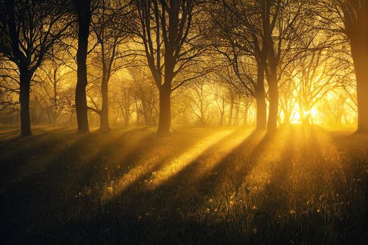 Forest meadow lawn at sunrise. Plants, dew drops. Morning fog, soft sunlight, sunbeams, golden hour. Idyllic landscape. Picturesque scenery. Nature, environment, ecology