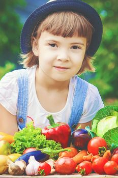 Child and vegetables on the farm. Selective focus. nature.