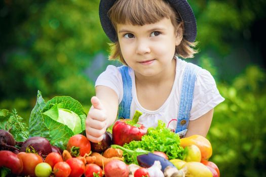 Child and vegetables on the farm. Selective focus. nature.