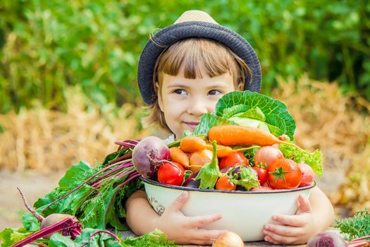 Child and vegetables on the farm. Selective focus. nature.