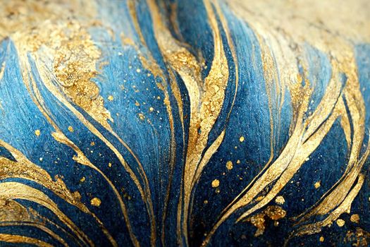 Spectacular high-quality abstract background of a whirlpool of dark blue and gold. Digital art 3D illustration. Mable with liquid texture like turbulent waves.