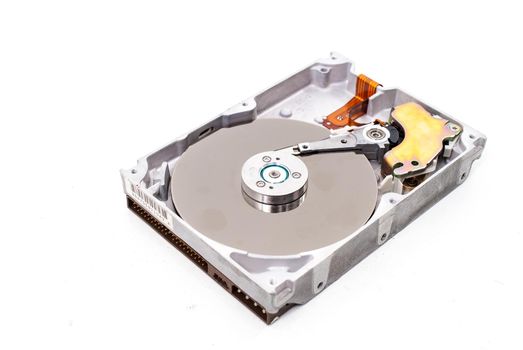 real open hard drive isolated on white ackground