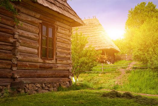 A typical Ukrainian landscape in spring or summer: white clay hut with a straw roof and a tree in the foreground.