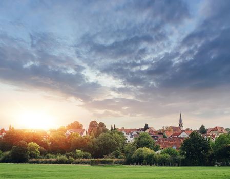 Freiberg am Neckar On the Sunset. Small European town in Baden Wurttemberg, Germany, Europe. Nekar river, southwestern Germany,