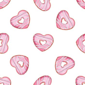 watercolor pink heart donuts seamless pattern on white background. Dessert print for wallpapers, wrapping, fabric, scrapbooking paper