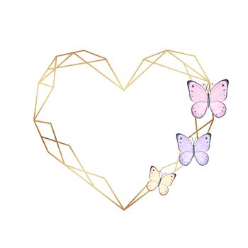 Watercolor gold heart frame with butterflies isolated on white background. Polygonal border for wedding invitations, logo, cards