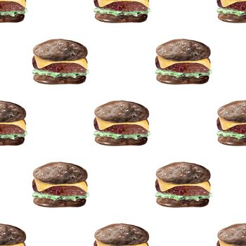 watercolor black hamburger seamless pattern on white background. Food print for wallpapers, wrapping, fabric, scrapbooking paper