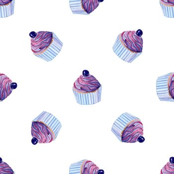 watercolor purple cupcakes seamless pattern on white background. Dessert print for wallpapers, wrapping, fabric, scrapbooking paper