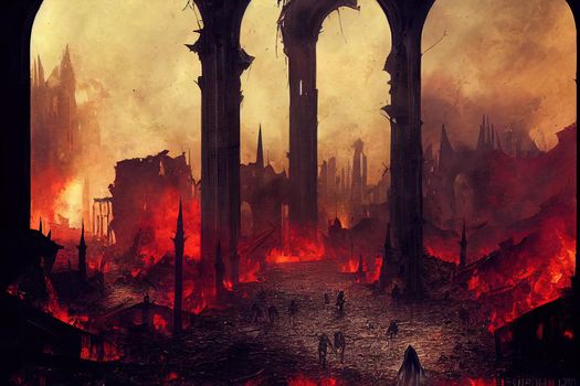 Evil knight in a horned helmet slowly walks with a curved sword through a burning ruined city with black Gothic buildings. Debris of ruins with flying ashes and sparks is everywhere. 2d oil art