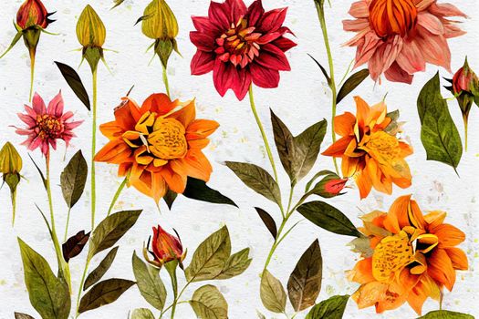 Watercolor autumn bouquet of dahlia, rose, physalis and leaves. Hand painted meadow flowers isolated on white background. Floral wild illustration for design, print, fabric or background.