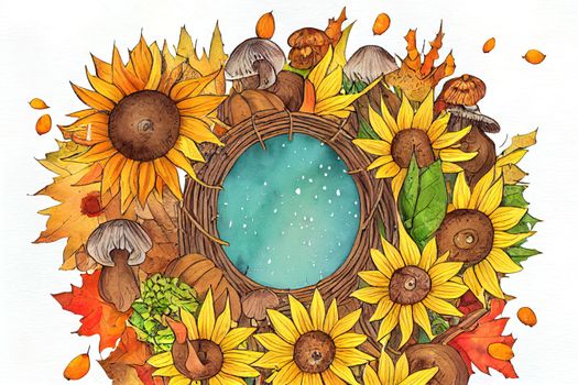 Watercolor autumn round wreath with sunflower, pumpkin, mushrooms and acorns. Fall season illustration on white background. Autumn frame