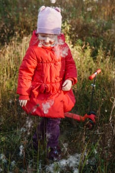 A little girl in a red coat walks in nature in an autumn grove. The season is autumn.