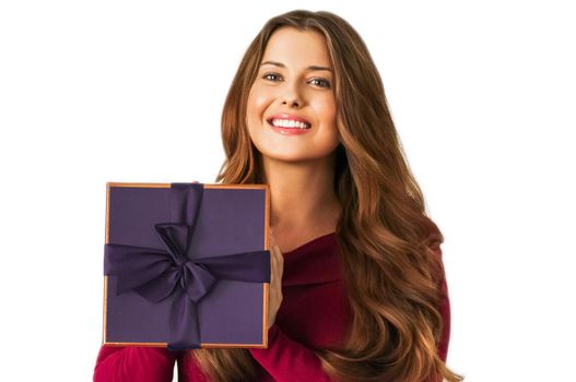 Birthday, Christmas or holiday present, happy woman holding a purple gift or luxury beauty box subscription delivery isolated on white background, portrait