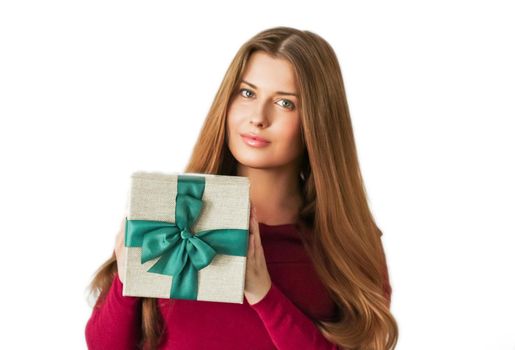 Christmas holiday present, happy woman holding a gift or luxury beauty box subscription delivery isolated on white background, portrait