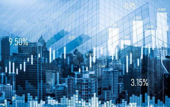 Financial graphs and digital indicators overlap with modernistic urban area, skyscrabber for stock market business concept. Double exposure.