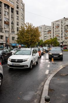 Car traffic at rush hour. Car pollution, traffic jam in Bucharest, Romania, 2022