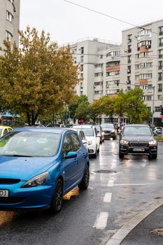 Car traffic at rush hour. Car pollution, traffic jam in Bucharest, Romania, 2022