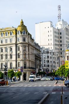 Car traffic at rush hour. Car pollution, traffic jam in Bucharest, Romania, 2022