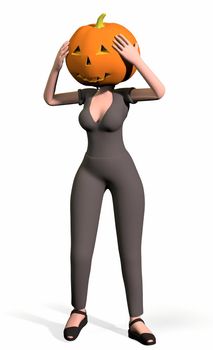 a girl with a pumpkin on her head on a white background 3d-rendering.