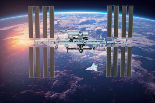 International space station on orbit of Earth planet. ISS. Dark background. Elements of this image furnished by NASA