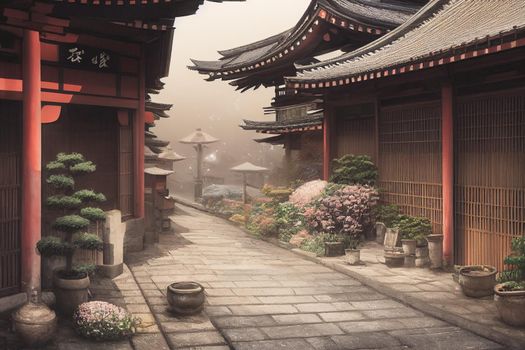 3D render of Old town Japan with cherry blossom trees, selective focused and blurred.