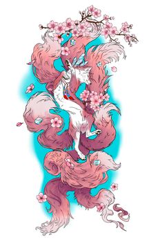 kitsune or kumiho with nine tails in delicate pastel shades