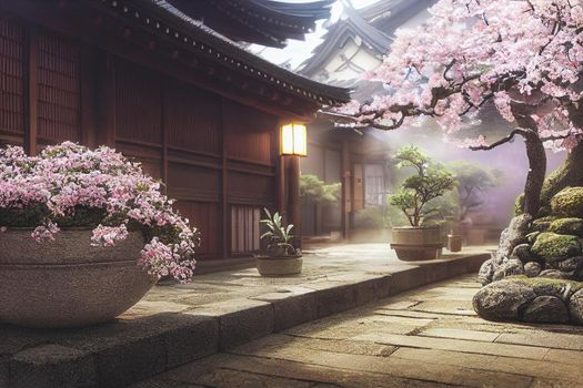 3D render of Old town Japan with cherry blossom trees, selective focused and blurred.