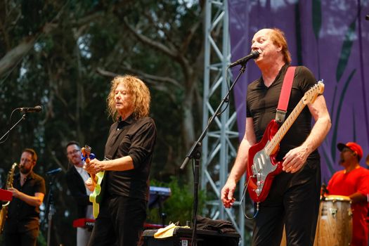 San Francisco, CA, 1st October, 2022, Jerry Harrison, left, and Adrian Belew perform the Talking Heads 1980 classic Remain in Light at the 2022 Hardly Strictly Bluegrass Festival in Golden Gate Park.