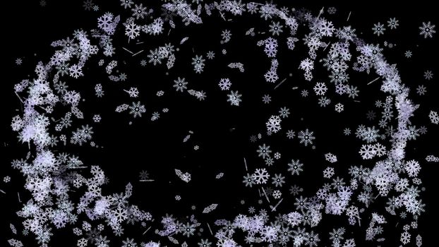Abstract black background with a frame of white snowflakes