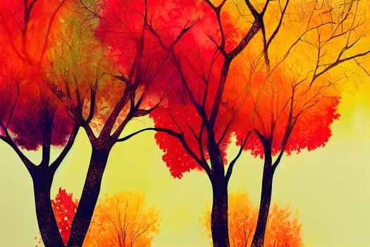 Illustration soft colorful autumn forest. Abstract fall season, yellow and red leaf on tree, outdoor landscape. Nature painting pastel design with watercolor paint. Modern art for wallpaper background
