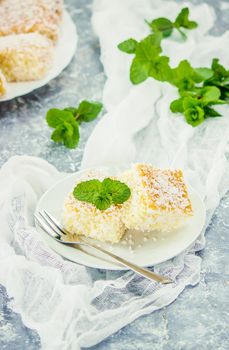 Cakes in coconut shavings. Selective focus. Food.