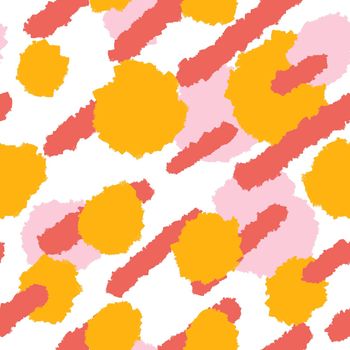 Hand drawn seamless pattern with geometric abstract shapes in red orange yellow colors. Mid century modern background for fabric print wallpaper wrapping paper. Contemporary trendy fluid design