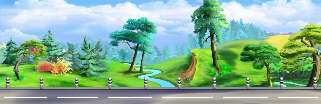 Scenic view of road passing through rural landscape on a sunny day. Digital Painting Background, Illustration.