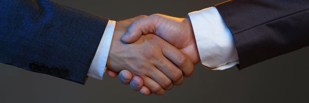 Close-up of partners shake hands, confirm decision, support each other. Biz partners perform friendly gesture after meeting. Contract, deal, greet concept